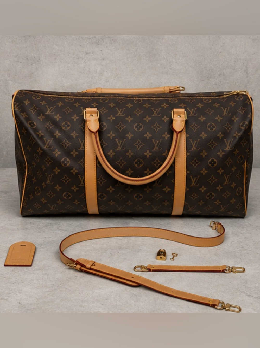 Louis Vuitton Brown Monogram Duffel Bag with Tan Leather Trim